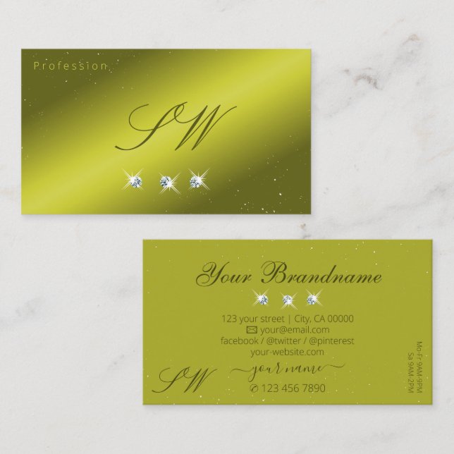Elegant Yellow Olive Green Sparkle Jewels Initials Business Card (Front/Back)