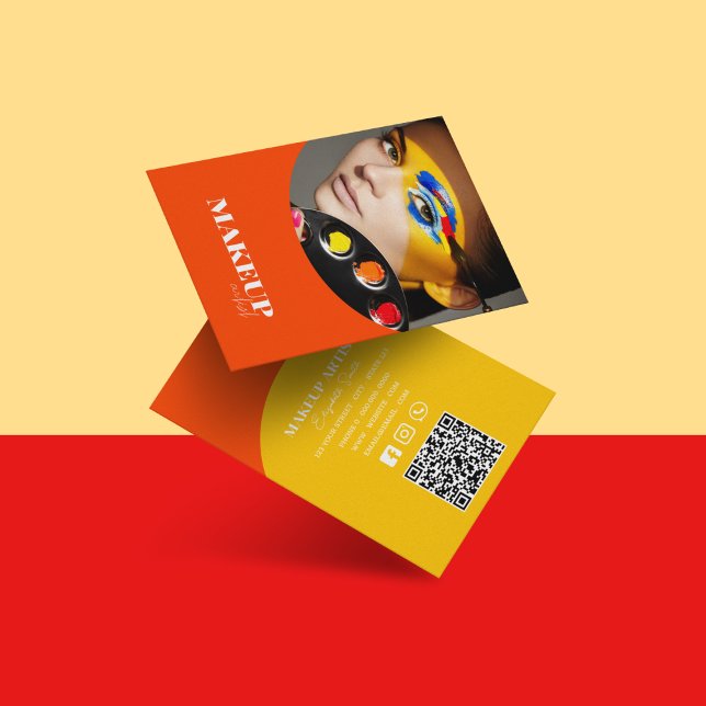 Elegant Yellow &Orange Photo, QR Code Beauty Salon Business Card (Creator Uploaded)