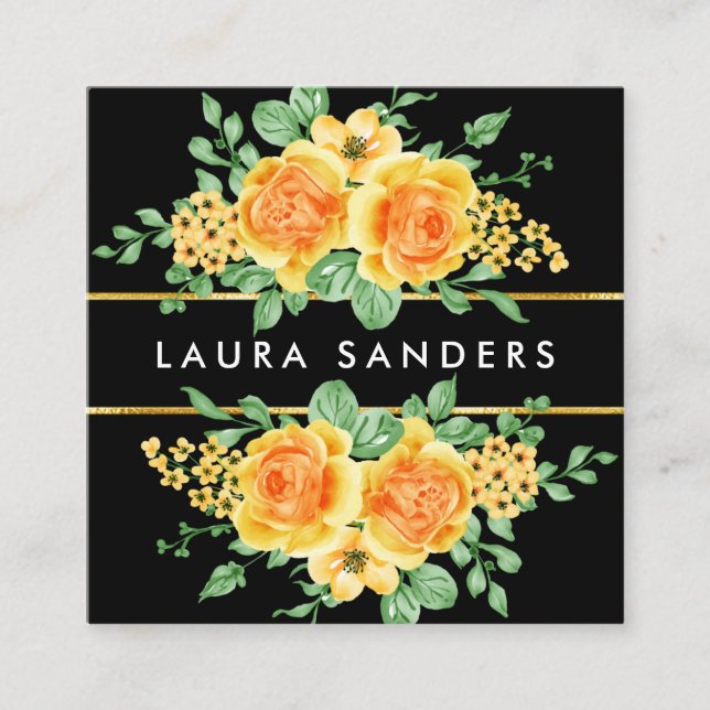 Elegant Yellow Orange Rose Flower Hair & Makeup Square Business Card (Front)