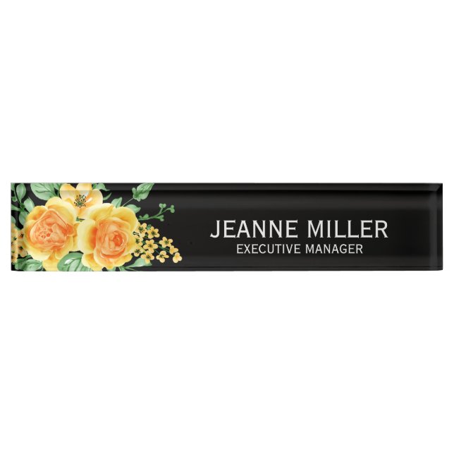 Elegant Yellow Orange Rose Flowers Manager Black Nameplate (Front)