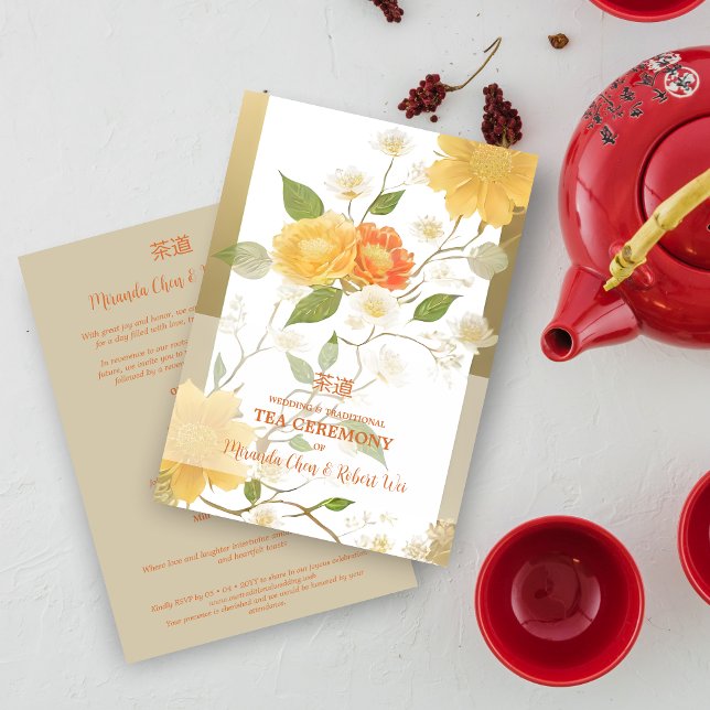 Elegant Yellow & Orange Shades Floral Chinese Tea  Invitation (Elegant Yellow & Orange Shades Floral Chinese Tea Ceremony and Wedding Invitation with Envelope.)