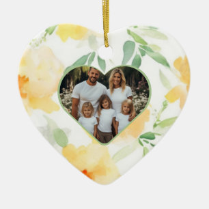 Elegant yellow orange watercolor family photo ceramic ornament