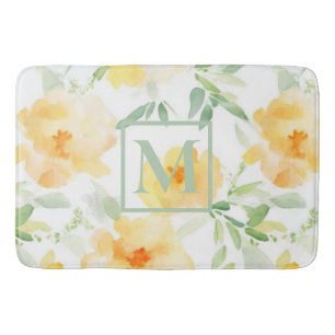 Elegant yellow orange watercolor floral monogram bath mat