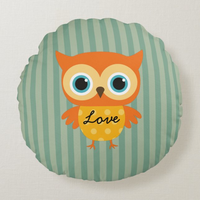 Elegant yellow owl green lines nursery round cushion (Front)