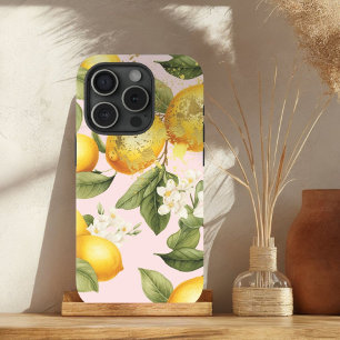 Elegant Yellow , Pastel Pink and Gold Lemon Fruit iPhone 15 Case