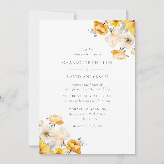 Elegant Yellow Peach Ivory Floral Wedding Invitation (Front)