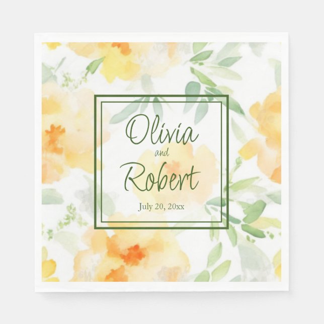 Elegant yellow peach orange watercolor floral  napkin (Front)