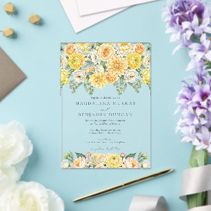Elegant Yellow Peach & Sage Green Floral Wedding Acrylic Invitations