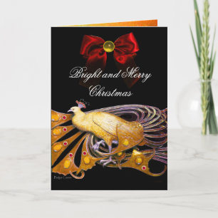 ELEGANT YELLOW PEACOCK,GEM STONE,RED CHRISTMAS BOW HOLIDAY CARD