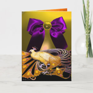 ELEGANT YELLOW PEACOCK,GEMSTONE PURPLE BOW Easter Holiday Card
