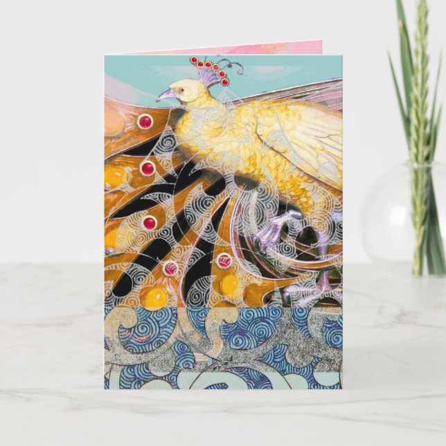 ELEGANT YELLOW PEACOCK WITH BLUE GEOMETRIC SWIRLS HOLIDAY CARD (Front)