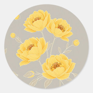 Elegant Yellow Peony Taupe Grey Modern Chic Classic Round Sticker