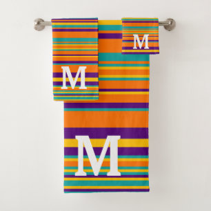 Elegant yellow purple and orang stripes monogram bath towel set