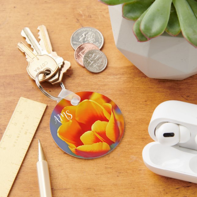 Elegant Yellow Red Tulip Initials Quote on Back Key Ring (Desk)