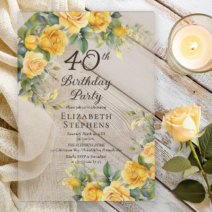 Elegant Yellow Rose 40th Birthday Party Invitation