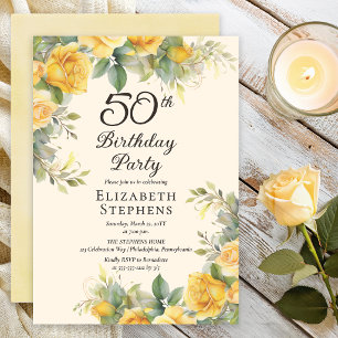 Elegant Yellow Rose 50th Birthday Party Invitation