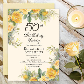 Elegant Yellow Rose 50th Birthday Party Invitation