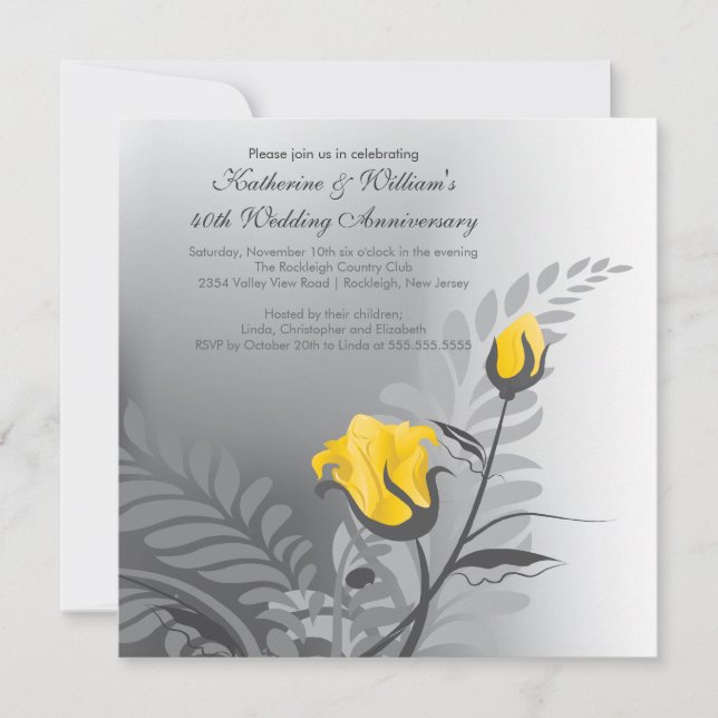 Elegant Yellow Rose Anniversary Invitation (Front)