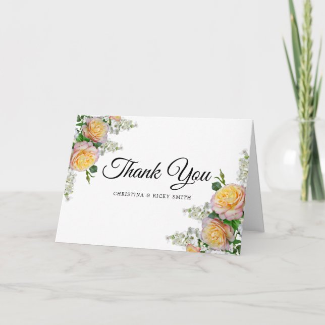 Elegant Yellow Rose Bouquet Flowers Wedding Thank  Thank You Card (Front)