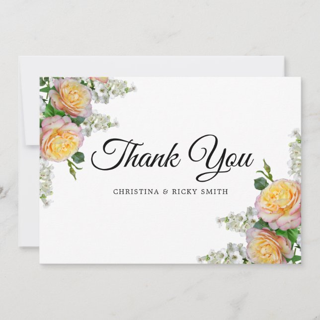 Elegant Yellow Rose Bouquet Flowers Wedding Thank You Card (Front)