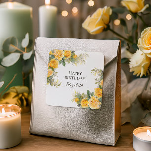 Elegant Yellow Rose Floral Birthday Party Square Sticker