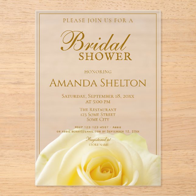 Elegant Yellow Rose Floral Bridal Shower Acrylic Invitations (Front)