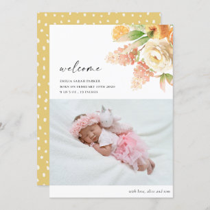 Elegant Yellow Rose Floral Photo Baby Birth Announcement