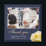 Elegant Yellow Rose Floral Photo Thank you Wedding Magnet<br><div class="desc">A favour wedding magnet with a wedding photo, bride and groom names and wedding date. Personalise with your wedding photo and other details. The text is in a script and the background is dark navy blue. A floral favour magnet with a beautiful yellow rose. An elegant and stylish thank you...</div>