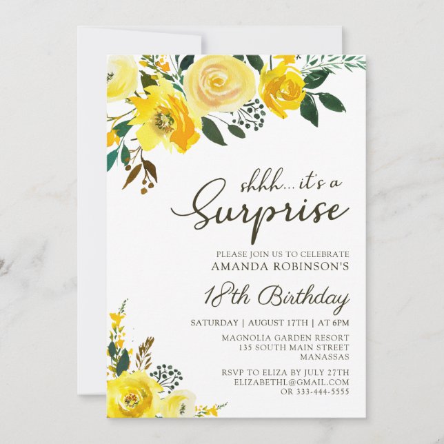 Elegant Yellow Rose Floral Surprise 18th Birthday Invitation (Front)