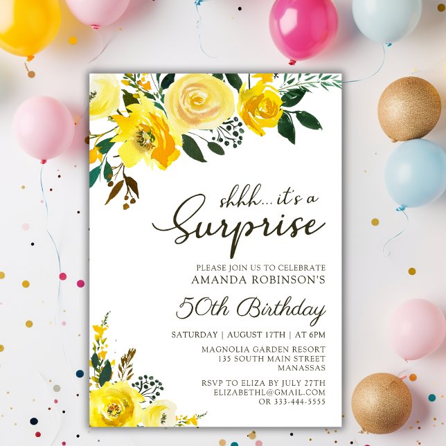 Elegant Yellow Rose Floral Surprise 50th Birthday Invitation (Creator Uploaded)