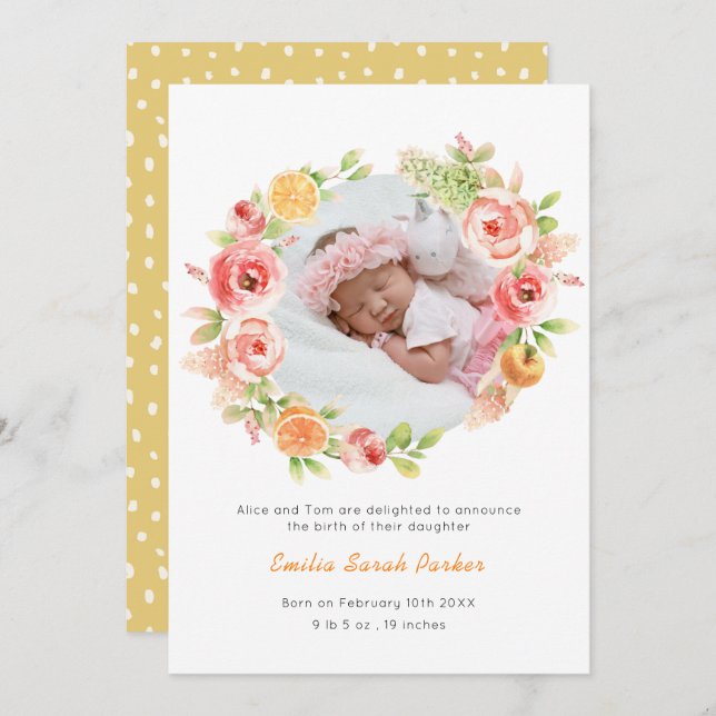 Elegant Yellow Rose Floral Wreath Photo Birth  Announcement (Front/Back)