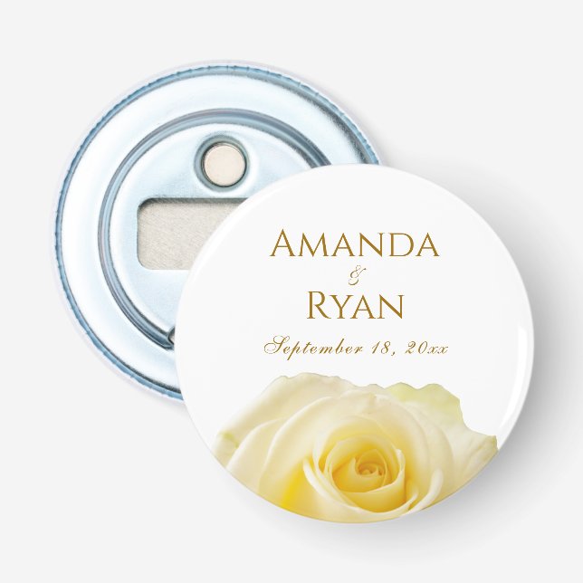 Elegant Yellow Rose Golden Floral Wedding Bottle Opener (Front)