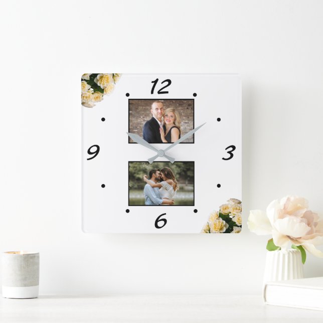 Elegant Yellow Roses Couple 2 Photo Collage  Square Wall Clock (Home)