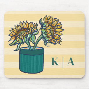Elegant Yellow Striped Monogram Sunflower  Mouse Pad