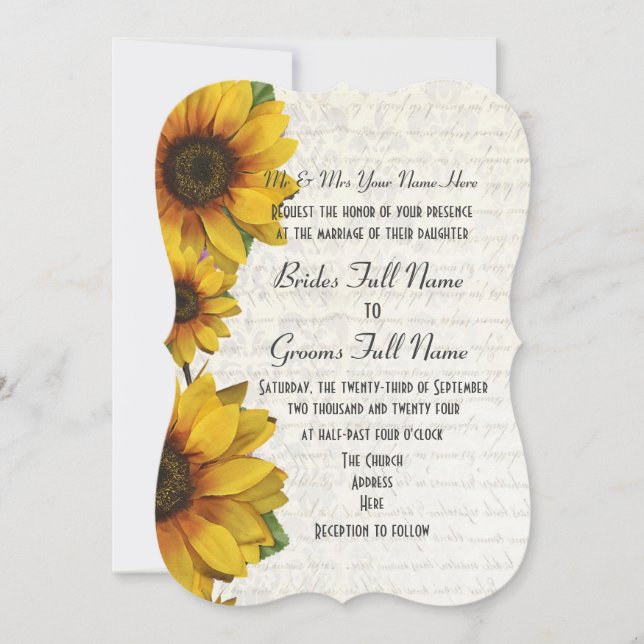 Elegant yellow sunflower country floral wedding invitation (Front)