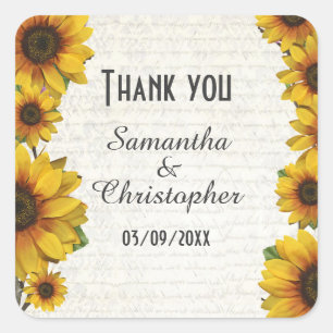 Elegant yellow sunflower country wedding thank you square sticker