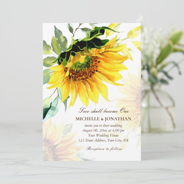 Elegant Yellow Sunflower Floral Christian Wedding Invitation (Standing Front)