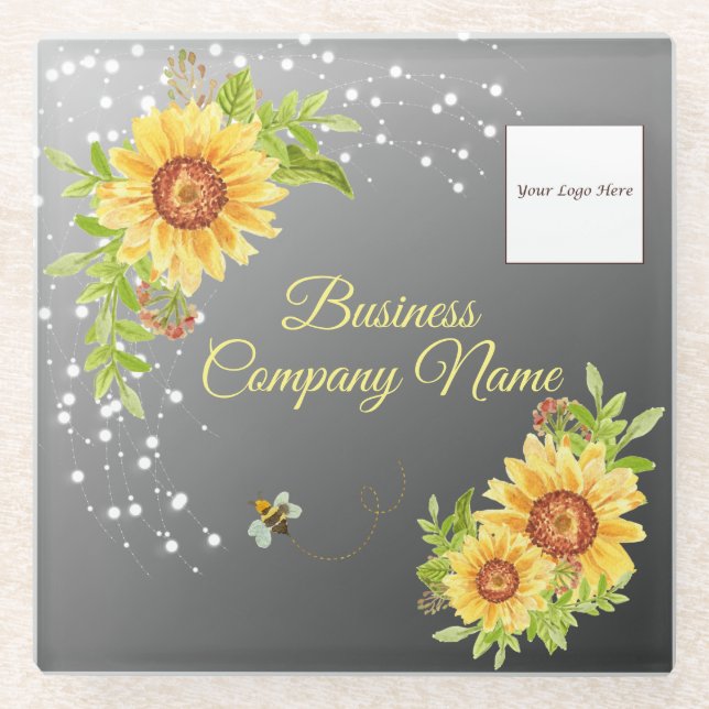 Elegant Yellow Sunflower Gradient Custom Business Glass Coaster (Front)