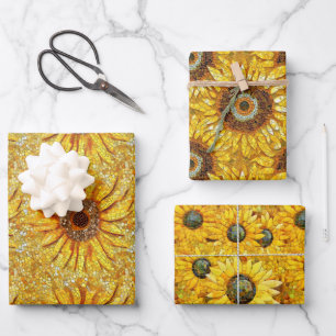 Elegant Yellow Sunflower Mosaic Glass Patterns Wrapping Paper Sheet