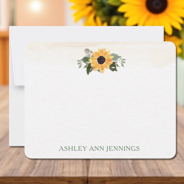 Elegant Yellow Sunflower Personalised Stationery Card (Elegant sunflower watercolor personalized stationery notecard with custom name)