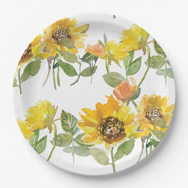 Elegant Yellow Sunflower Sun Bee Baby Shower Paper Plate (Front)