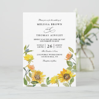 Elegant Yellow Sunflower Sunny QR Code Wedding Invitation