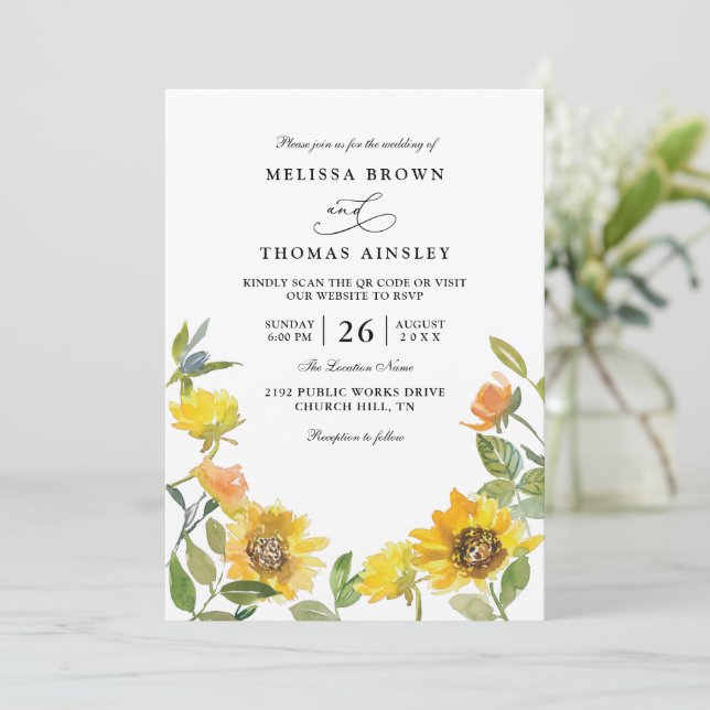 Elegant Yellow Sunflower Sunny QR Code Wedding Invitation (Standing Front)