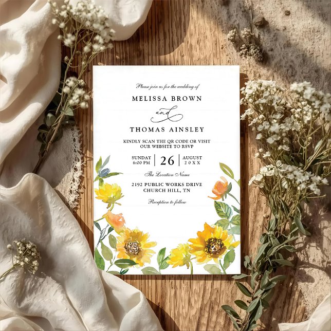 Elegant Yellow Sunflower Sunny QR Code Wedding Invitation (Creator Uploaded)