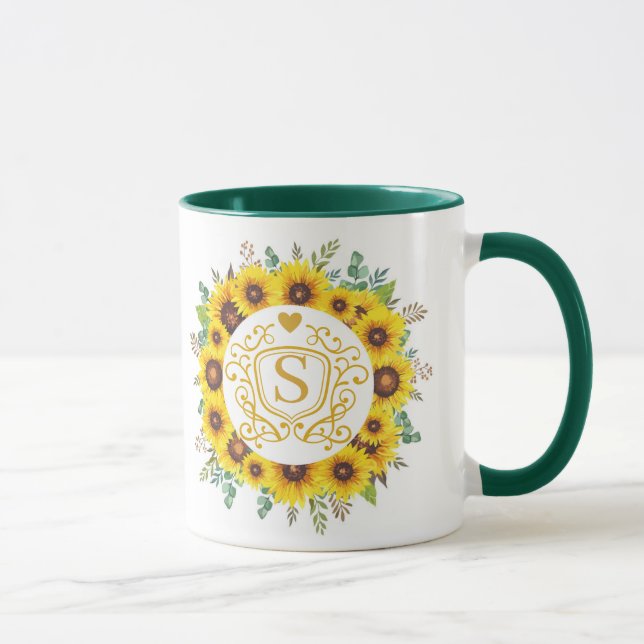 Elegant Yellow Sunflower Wreath Monogram Name Mug (Right)