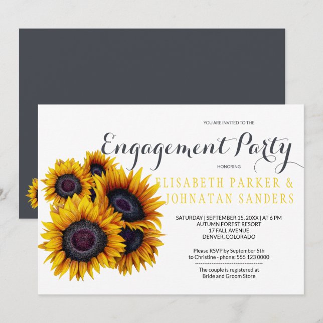 Elegant Yellow Sunflowers Autumn Engagement Party Invitation (Front/Back)