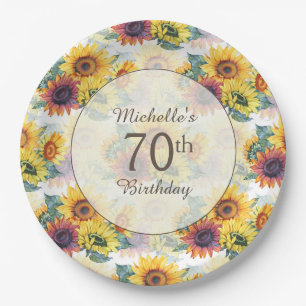 Elegant Yellow Sunflowers Greenery 70th Birthday Paper Plate