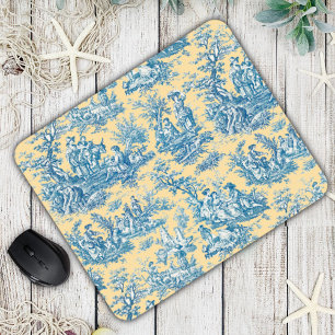 Elegant Yellow Teal French Toile de Jouy Pattern Mouse Pad