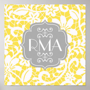 Elegant Yellow Vintage Lace Personalised Monogram Poster