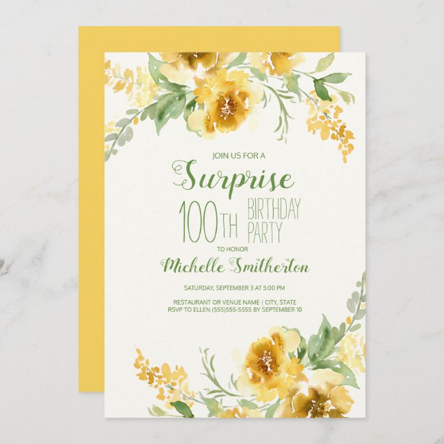 Elegant Yellow Watercolor Floral 100th Birthday Invitation (Front/Back)